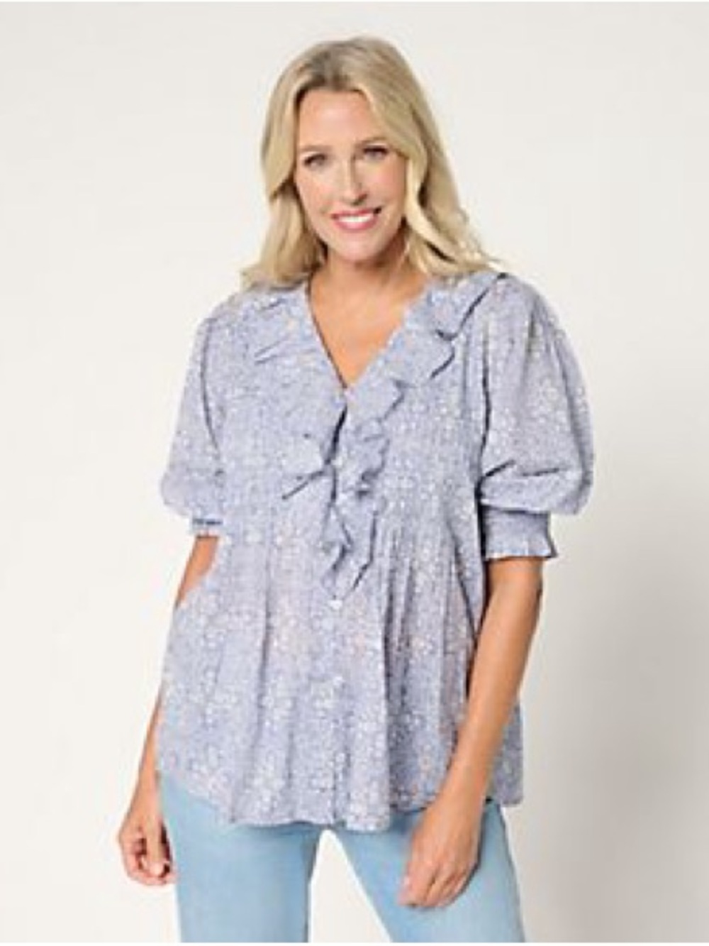 Light Blue Floral Ruffle V-Neck Puff Sleeve Blouse